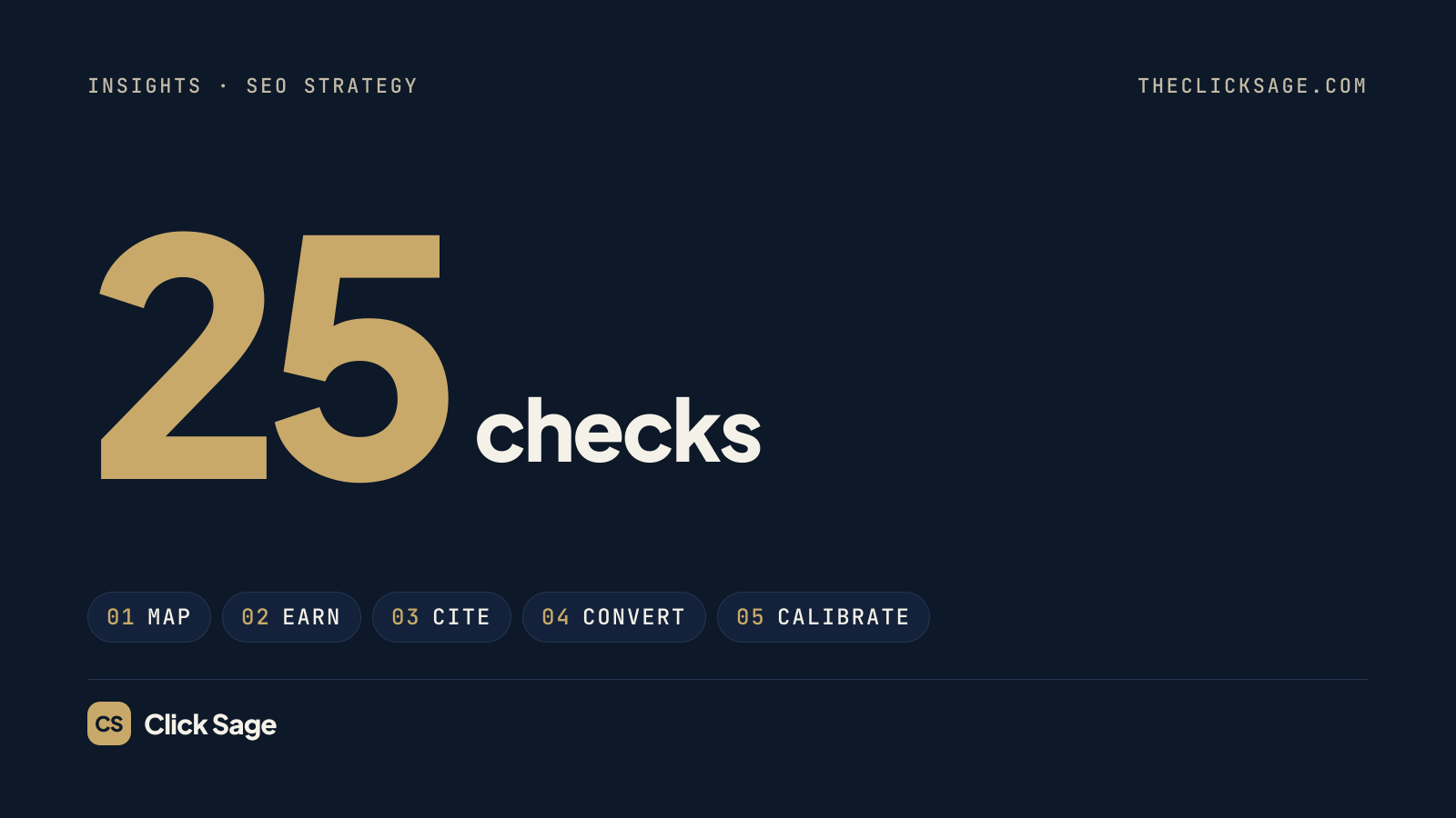 Click Sage cover: 25 checks, across the stages Map, Earn, Cite, Convert and Calibrate.